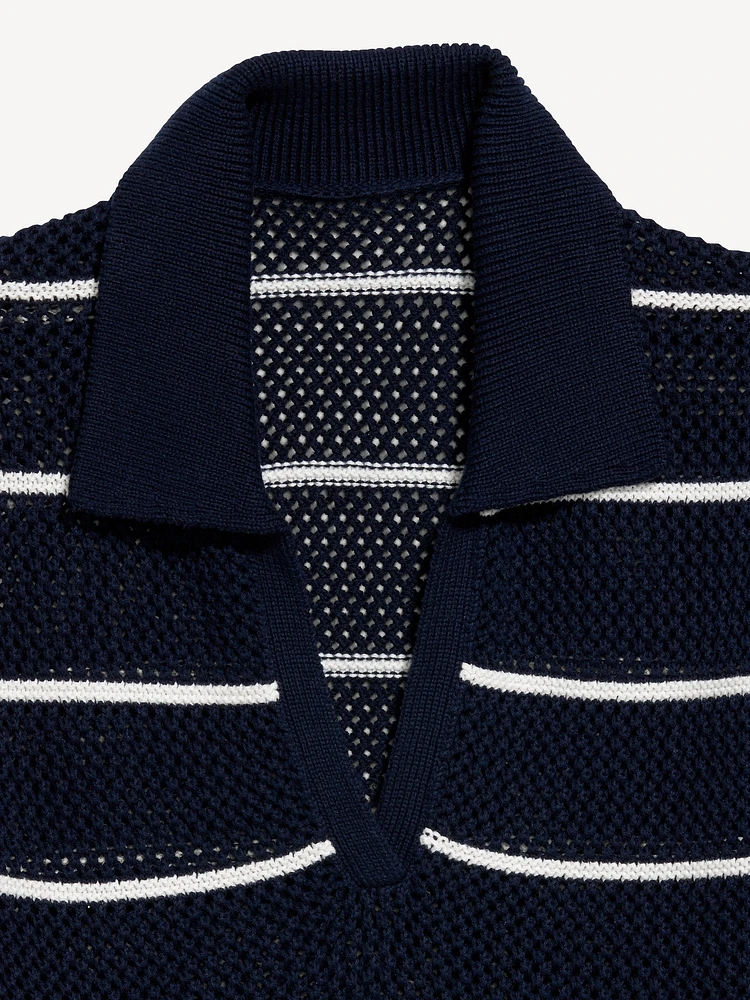 Open-Stitch Polo Sweater