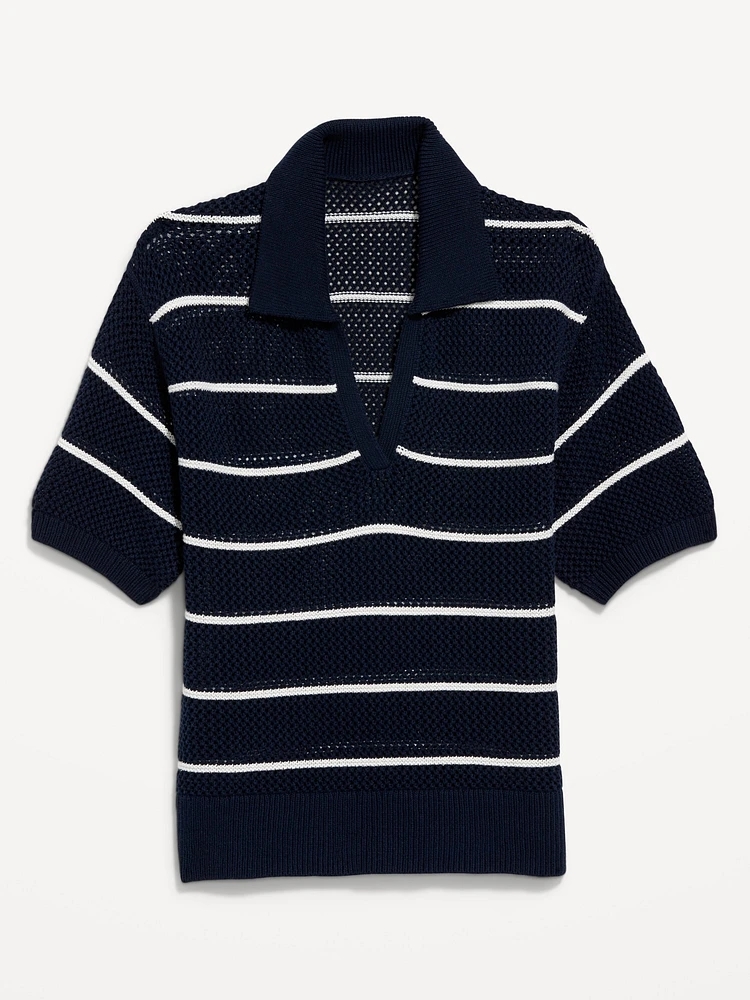 Open-Stitch Polo Sweater