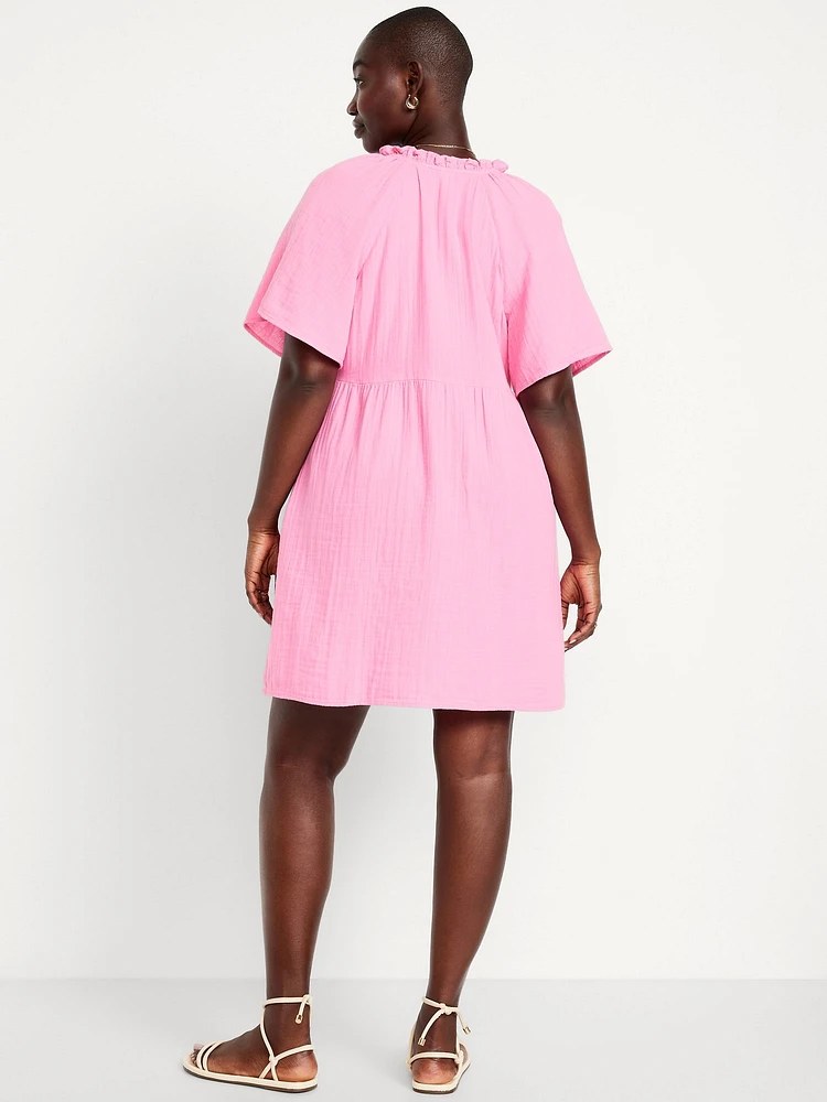 Split-Neck Crinkle Gauze Mini Swing Dress