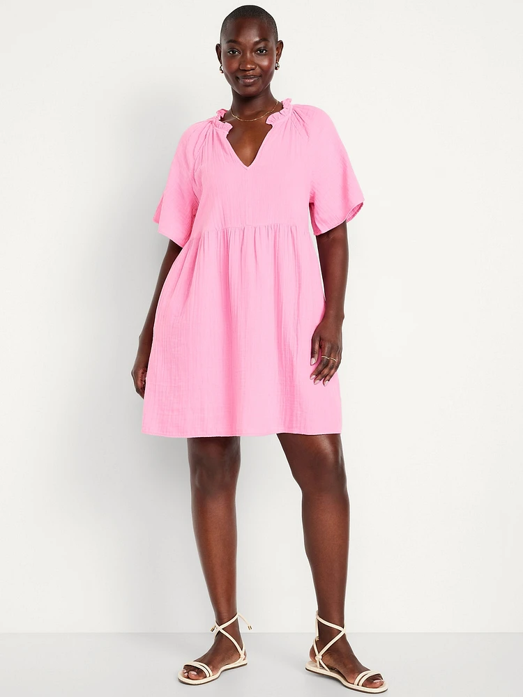 Split-Neck Crinkle Gauze Mini Swing Dress
