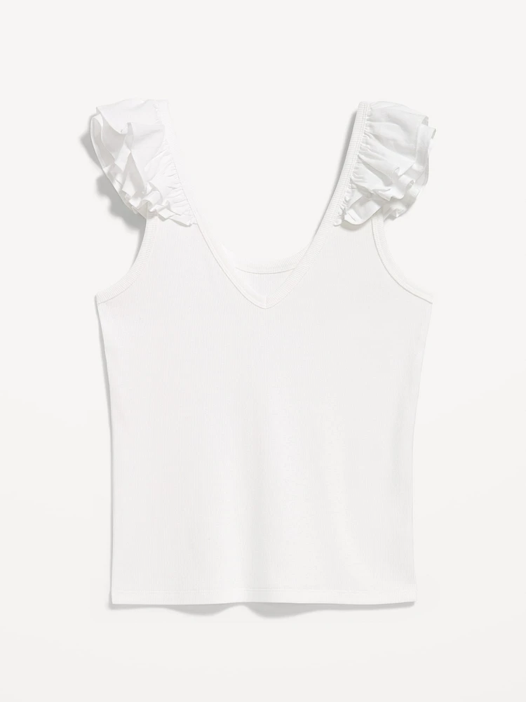 Ruffle-Trim Mixed Material Top