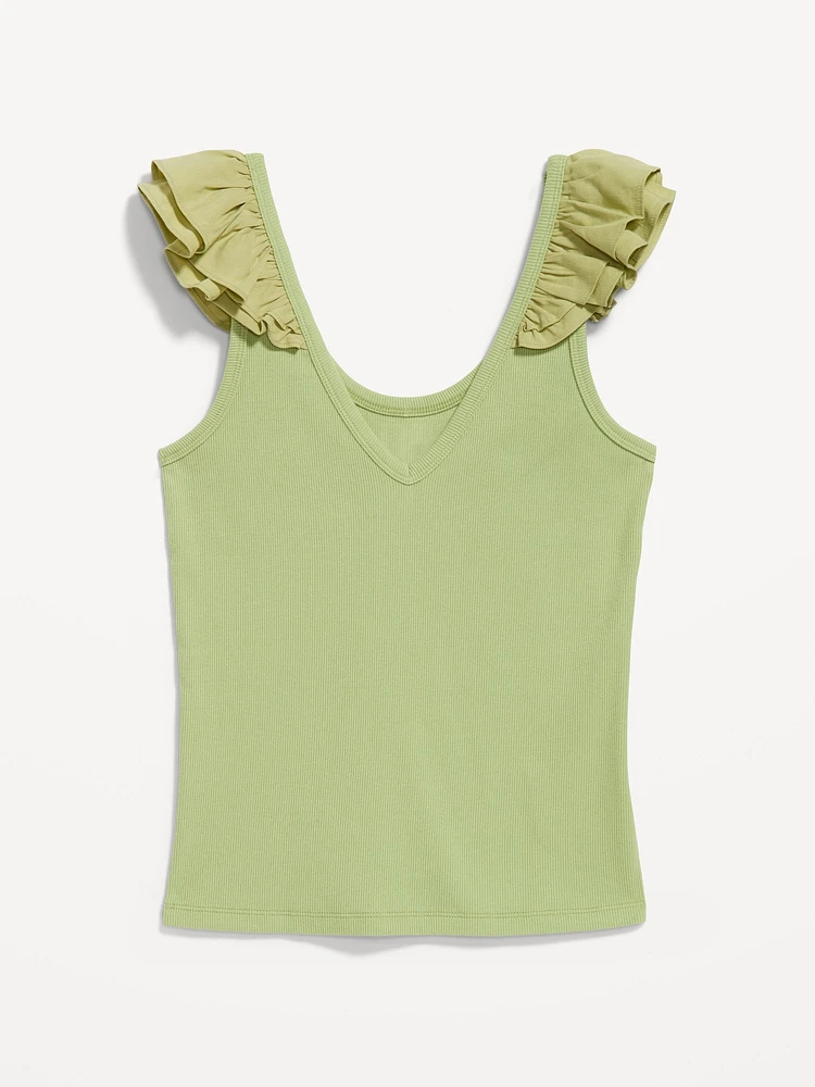 Ruffle-Trim Mixed Material Top