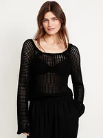 Open-Stitch Cropped Bouclé Sweater
