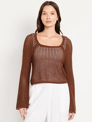 Open-Stitch Cropped Bouclé Sweater