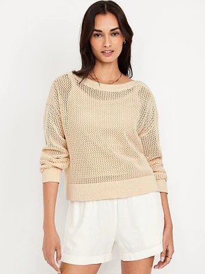 Boat-Neck Open-Stitch Sweater