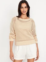 Boat-Neck Open-Stitch Sweater