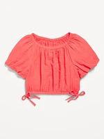 Cropped Short Puff-Sleeve Double-Weave Top for Girls