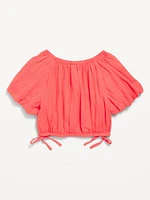 Cropped Short Puff-Sleeve Double-Weave Top for Girls