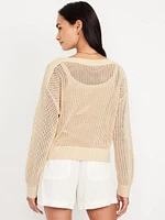 Boat-Neck Open-Stitch Sweater