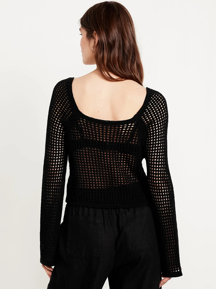 Open-Stitch Cropped Bouclé Sweater