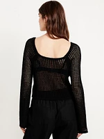 Open-Stitch Cropped Bouclé Sweater