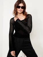 Open-Stitch Cropped Bouclé Sweater