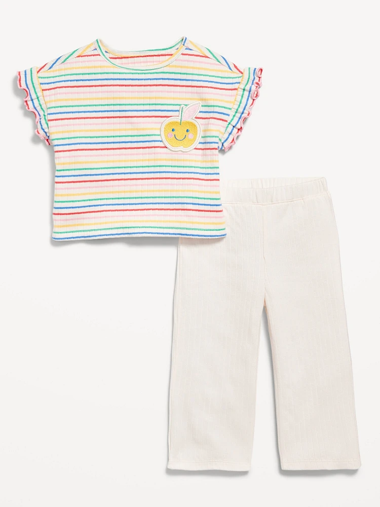 Ribbed Ruffle-Trim Top and Wide-Leg Pants Set for Toddler Girls
