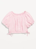 Cropped Short Puff-Sleeve Double-Weave Top for Girls