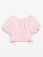 Cropped Short Puff-Sleeve Double-Weave Top for Girls