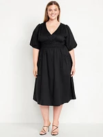 Waist-Defined Puff-Sleeve Midi Dress