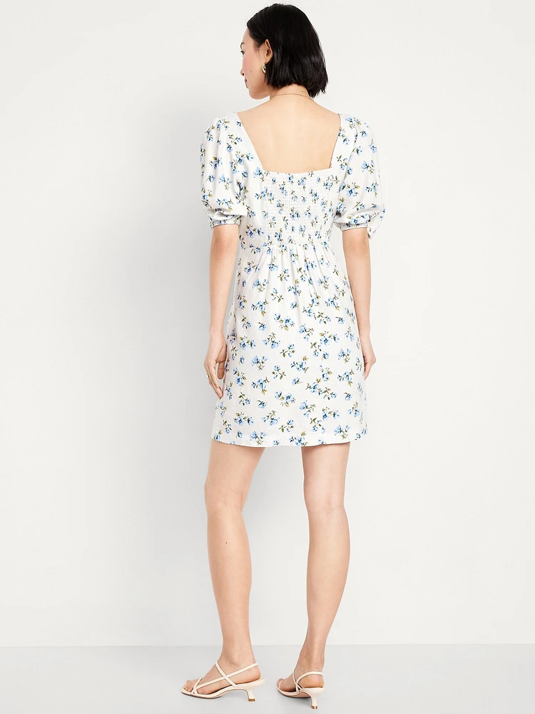 Puff-Sleeve Linen-Blend Mini Dress