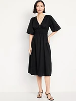 Waist-Defined Puff-Sleeve Midi Dress