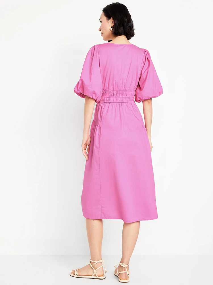 Waist-Defined Puff-Sleeve Midi Dress