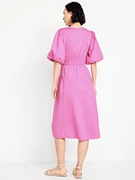 Waist-Defined Puff-Sleeve Midi Dress