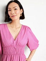 Waist-Defined Puff-Sleeve Midi Dress
