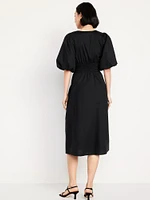 Waist-Defined Puff-Sleeve Midi Dress