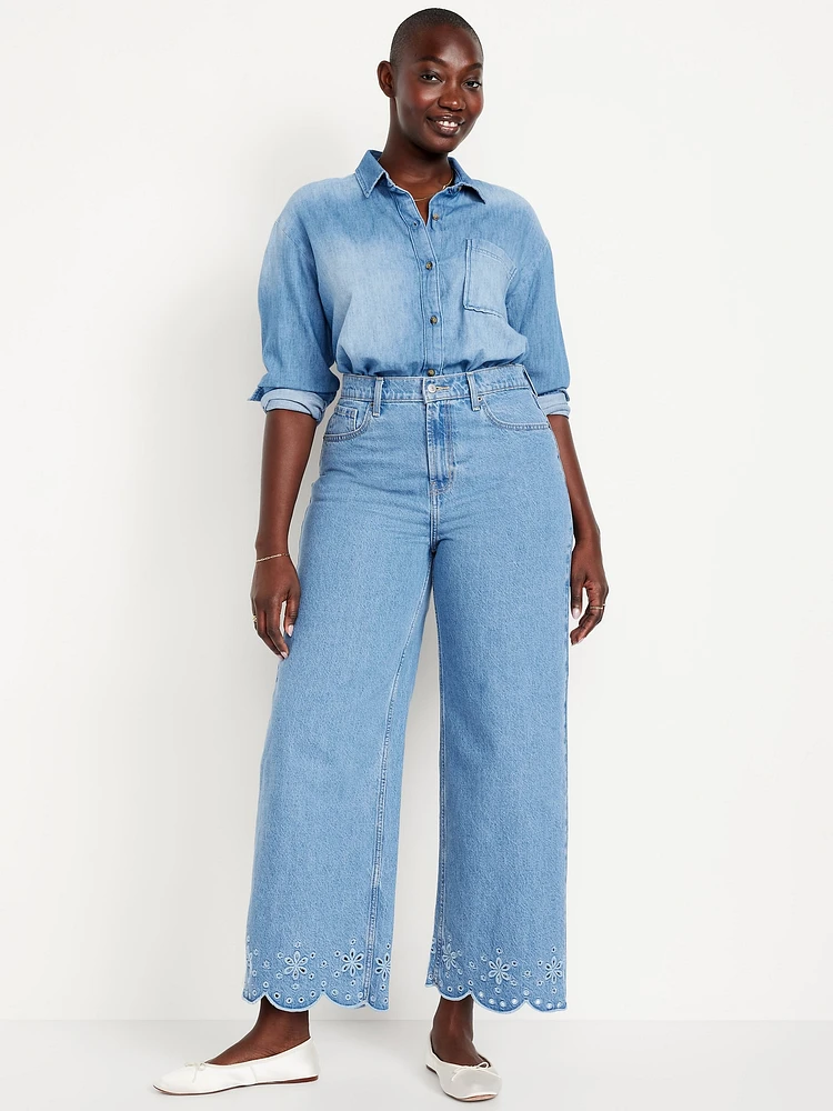 High-Waisted Baggy Wide-Leg Eyelet Ankle Jeans