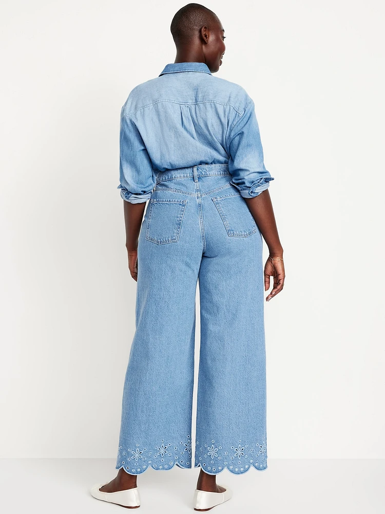 High-Waisted Baggy Wide-Leg Eyelet Ankle Jeans