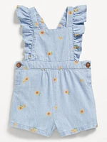 Printed Ruffle-Trim Chambray Shortalls for Baby