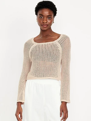 Open-Stitch Cropped Bouclé Sweater