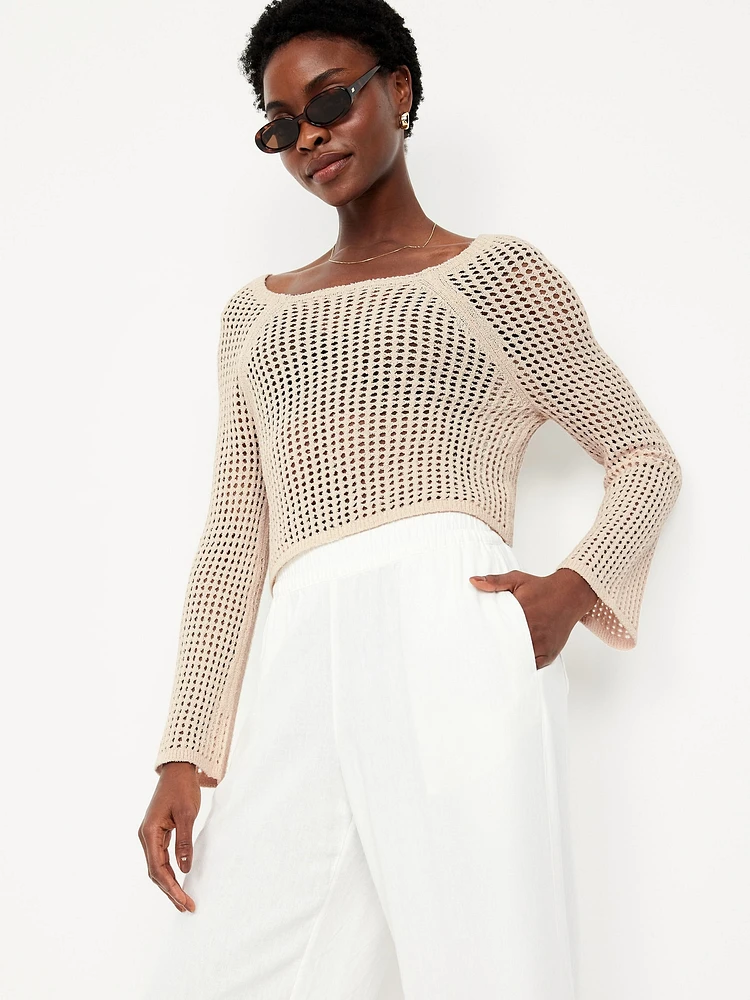 Open-Stitch Cropped Bouclé Sweater