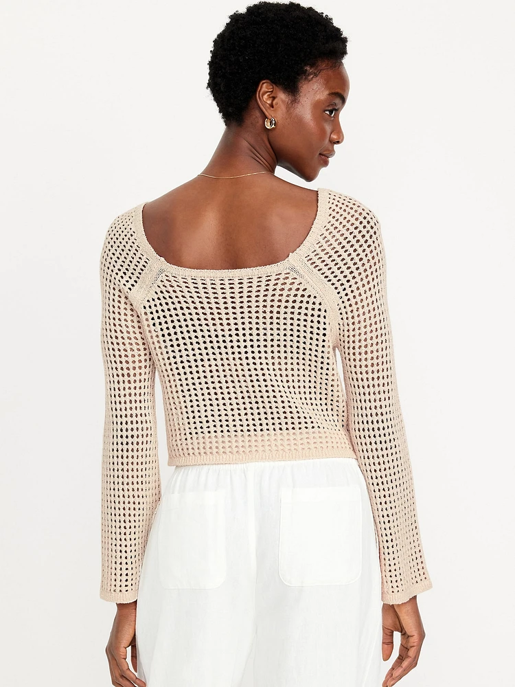 Open-Stitch Cropped Bouclé Sweater