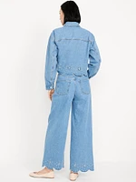 High-Waisted Baggy Wide-Leg Eyelet Ankle Jeans