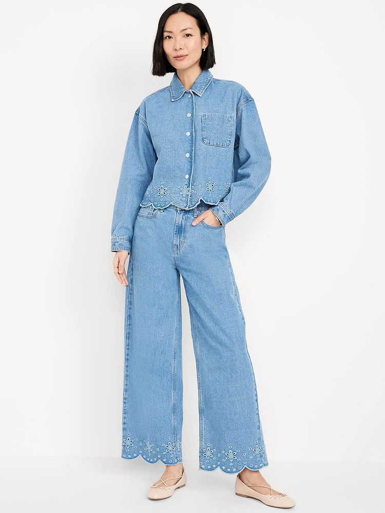 High-Waisted Baggy Wide-Leg Eyelet Ankle Jeans