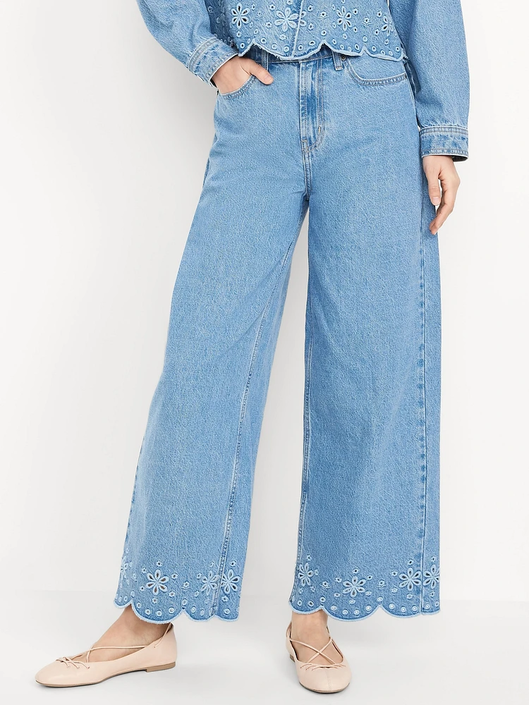 High-Waisted Baggy Wide-Leg Eyelet Ankle Jeans