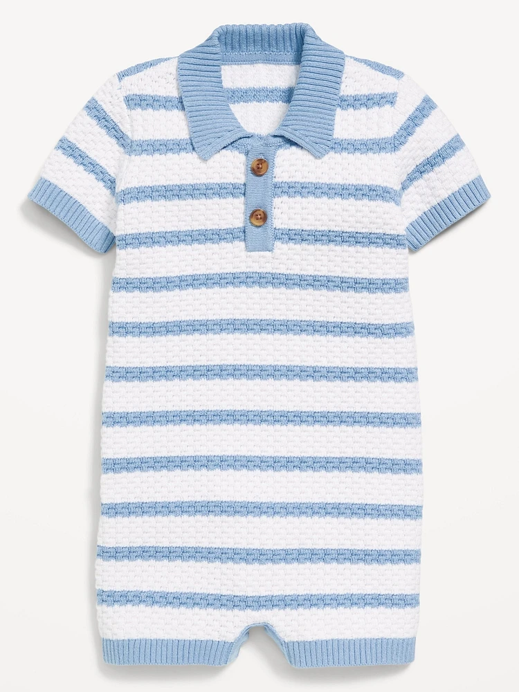 Collared Sweater-Knit Henley One-Piece Romper for Baby