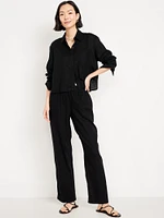 High-Waisted Linen-Blend Straight Ankle Pants