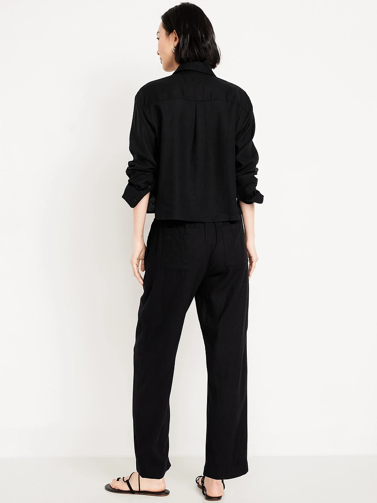 High-Waisted Linen-Blend Straight Ankle Pants