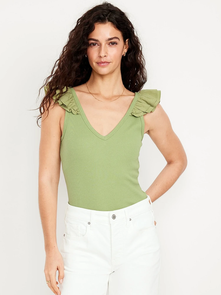 Ruffle-Trim Mixed Material Top