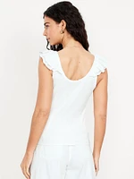 Ruffle-Trim Mixed Material Top