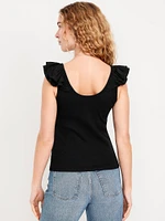 Ruffle-Trim Mixed Material Top