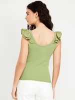 Ruffle-Trim Mixed Material Top