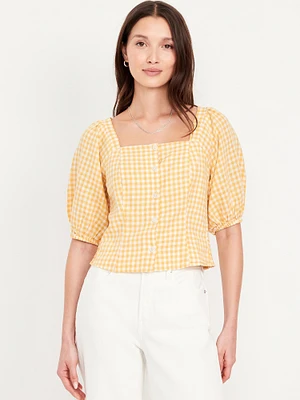 Puff-Sleeve Linen-Blend Gingham Top