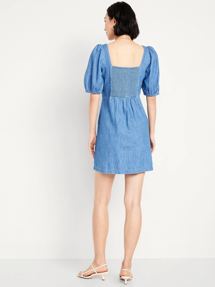 Puff-Sleeve Jean Mini Dress