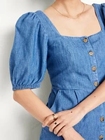 Puff-Sleeve Jean Mini Dress