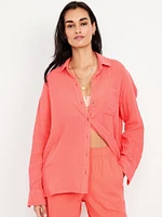 Crinkle Gauze Button-Down Shirt