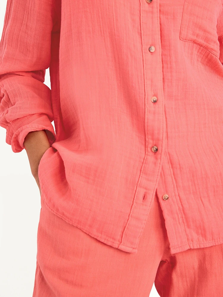 Crinkle Gauze Loose Button-Down Shirt