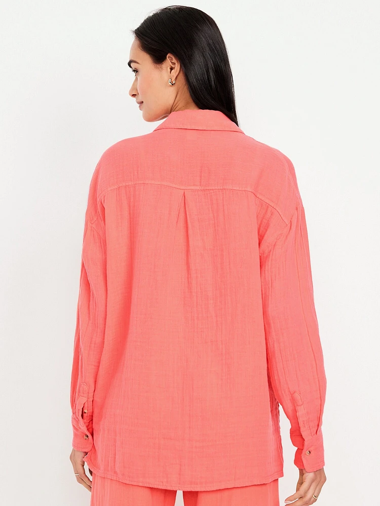 Crinkle Gauze Loose Button-Down Shirt