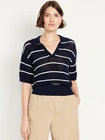 Open-Stitch Polo Sweater