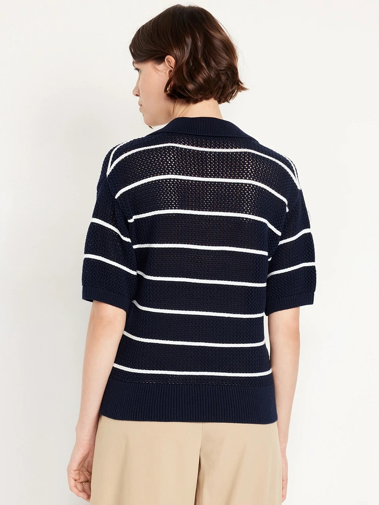 Open-Stitch Polo Sweater